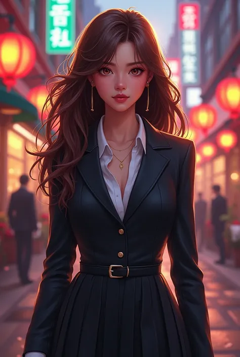 cute young Woman, brown Hair, Empress,pleated skirt suit,street lamps,neons,bustling street background,(navel:1.1,princess eyes), Nobility, Royalty, High Quality, Masterpiece, Highly Detailed