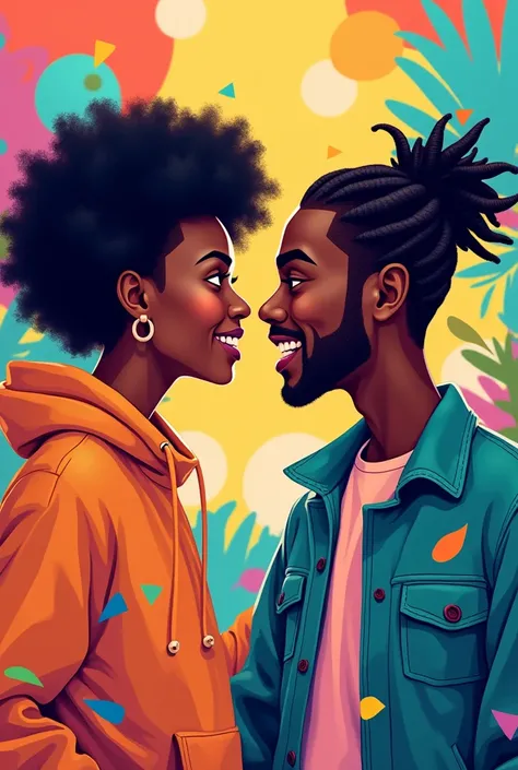 Create a vibrant podcast cover for ‘Just the Two of Us,’ featuring two lively, hip Gen Z best friends: a light-skinned black female and a dark-skinned black male with cornrows. Use fun cartoon animations, bright colors, and subtle podcast elements like mic...