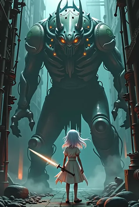 A white-haired girl holds a sword with a mechanical demon behind her