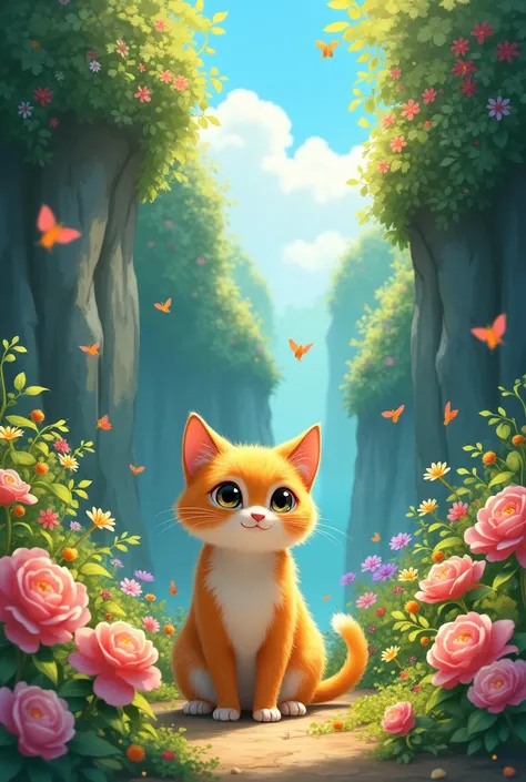 Studio Ghibli style, flowers blooming in the canyon, a cute little cat in the middle