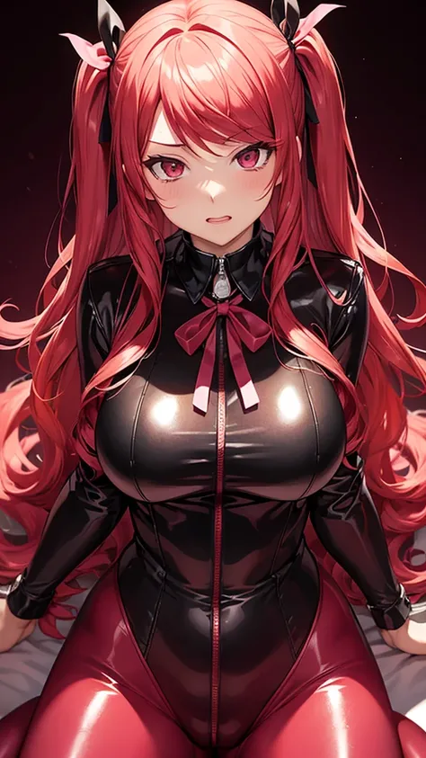 Erotic,Persona 4 Mitsuru、Red hair long waves、Curly Hair、Ribbon around the neck、 Big Breasts,Pink catsuit,Female Spy、Black Background、Dimly lit bedroom , Evil、 Erotic Sneer、Lightly open your mouth、Upper Body