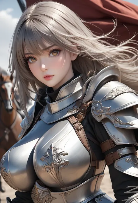 heavy lancer, cavalry, detailed eyes, large breasts, best quality, 4k, 8k, highres, (masterpiece:1.2), ultra-detailed, (photo realistic,:1.37), looking at viewer, 