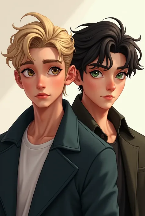 A photo of two guys.
The first person character is a 1 male. The character is White race, very fair skin and has blonde hair, hazel eyes. he is Very handsome. Animated art inspiration.  Artistic. Ultra high quality.
The second person character is a 2 male....