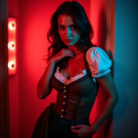 A beautiful brunette woman looks lasciviously into the camera.  She is wearing a beautiful dirndl. Her one hand is on her pants, the other on the neck. very sexy,  Well lit. bright. full body picture. 