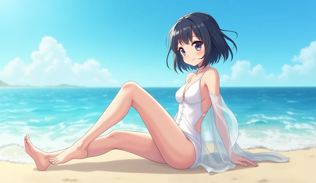 high school girl、Swimwear、Bob Hair、Ocean、Black Hair、Cute Face、Right knee raised、White underwear, High resolution, gauze, One girl,