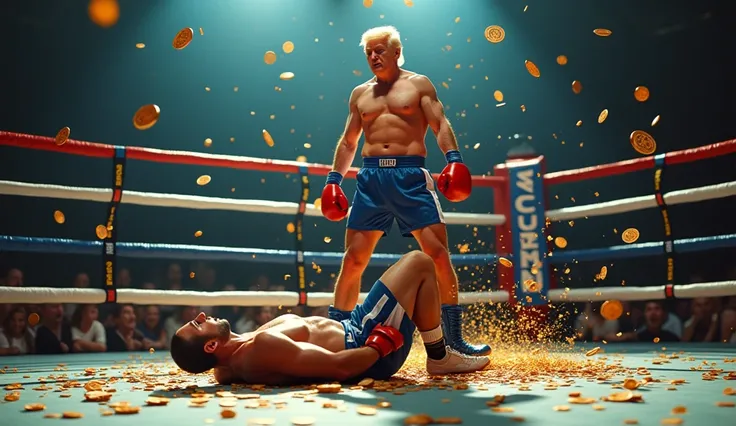 Donald Trump, Trump meme, story about trump, fighting ring, Trump in the boxing ring, boxing ring, Trump&#39;s opponents are starting to get showered with tokens, tokens enemy lies at trump&#39;s feet, one opponent, trump vs one, one on one, token drop, Tr...