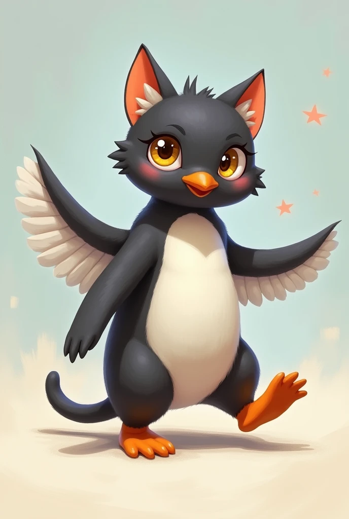 Cat and Penguin hybrid fusion: A cat with a tuxedo-like fur pattern, short wings, and a waddle.