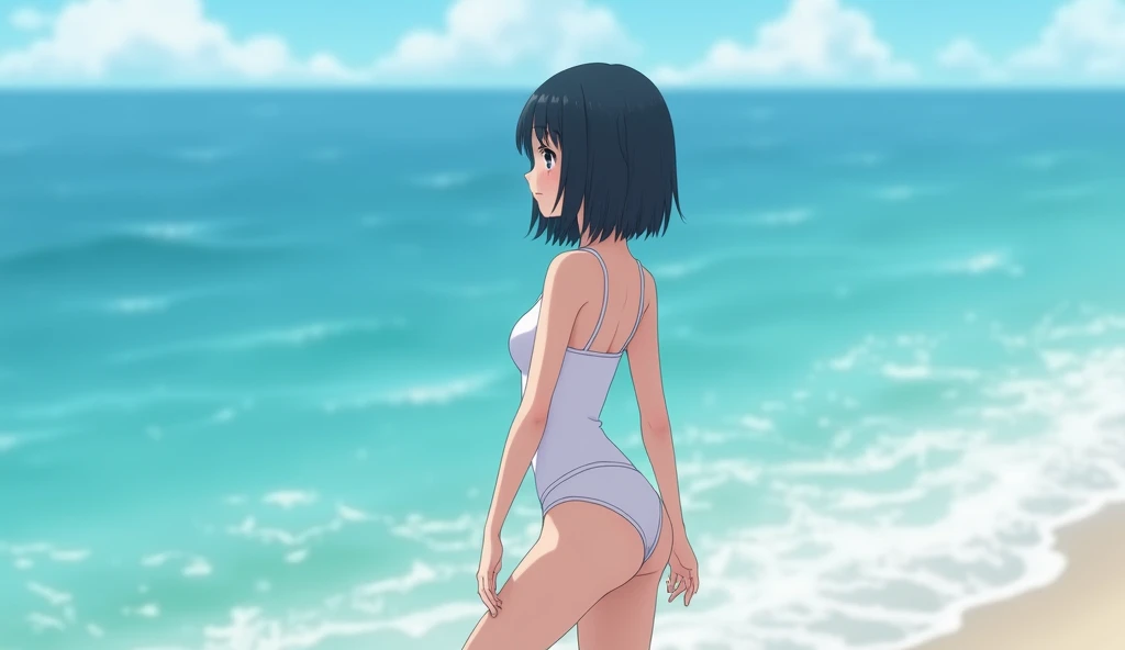 high school girl、Swimwear、Bob Hair、Ocean、Black Hair、Cute Face、Right knee raised、White underwear, High resolution, gauze, One girl,Textured skin、Line of sight