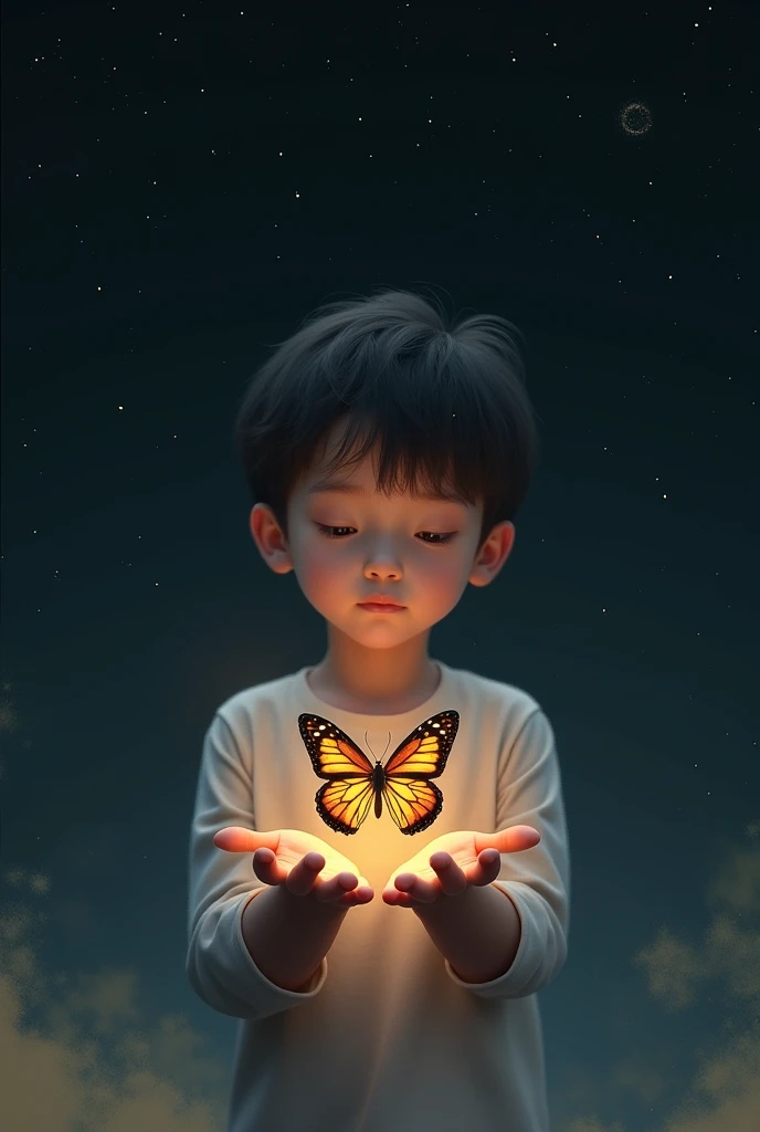 Small kid ( male) with no imotions having butterfly on his hands in space 