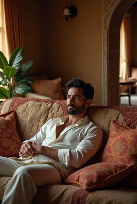 A beautiful man sitting in sofa Indian 
