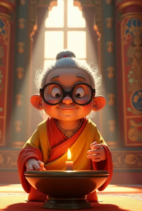 Sent by you:
Sent by you:
Create a virtual reality Pixar-style image of a chubby, bespectacled old woman sitting in front of a bowl of holy water, holding a lit candle in her hand above the bowl, inside a temple hall.