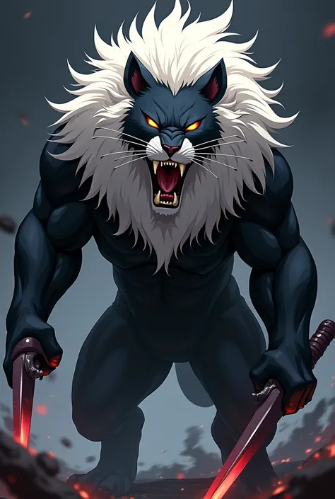 New anime lion  breats dengerous white and black with weapon long teeth