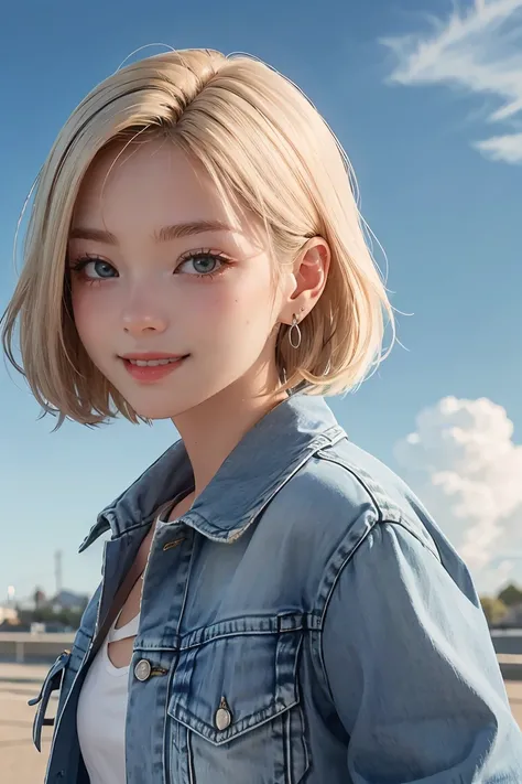 1 girl, alone, Android 18, blonde hair, blue eyes, short hair, decorations, earring, smile, jacket, look to the side, Denim, Denim jacket, upper body, underwear, gag, cloud, sky, day, look away, blue sky, collarb one,