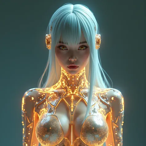 translucent white glowing glass red body de frente de pé olhando pra frente ,joelho e coxa de ferro prateado, blue showcasing the intricate digital gold mechanics and moedas blue intertwined within. The cyborgs hazel eyes capture the viewers attention, whi...