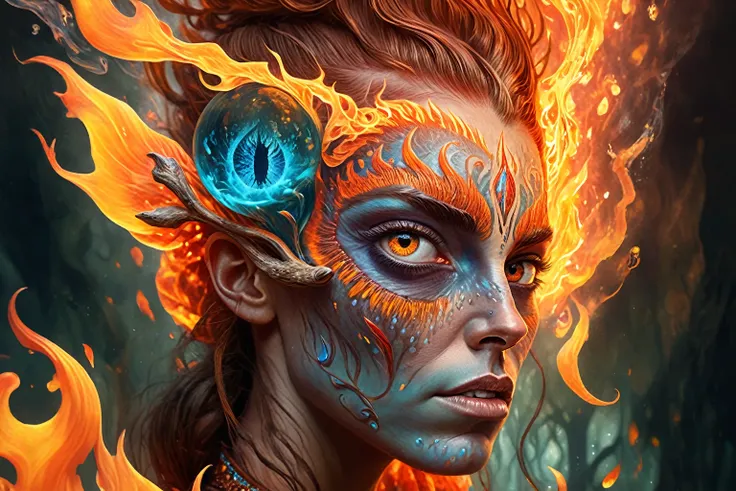 (best quality:1.5), (hyperrealism:1.3), (intricate emotional details:1.5), (ultra detailed), (sharp focus), (sharp details), detailed digital illustration of a Fire genasi with flames dancing in their hair and eyes (Pointing upward, aspirational direction)...