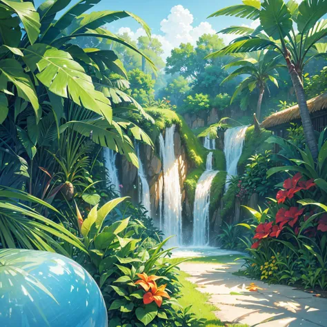 Ultra-realistic scenes, Parallel world, God-like tropical exotic plants, cult, Tropical flowers, Unusual art, Unique art, Summer blue sky background, sunlight, bright sunlight, Blender, Product Rendering, High quality 8K. --v6