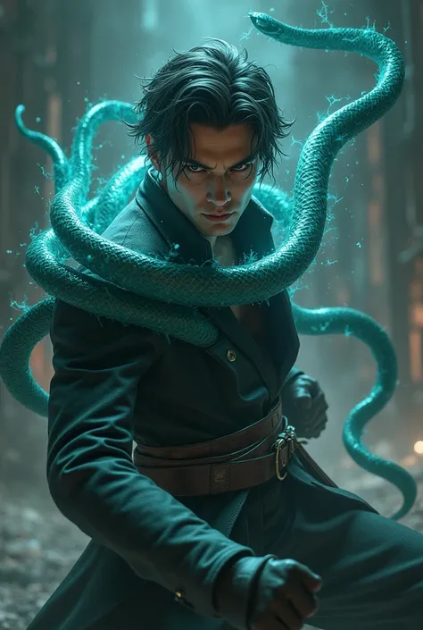 Handsome Levi Anckerman Uses Snake Slash Technique and Releases Snake Aura Dark Hair, Super Detailed, 