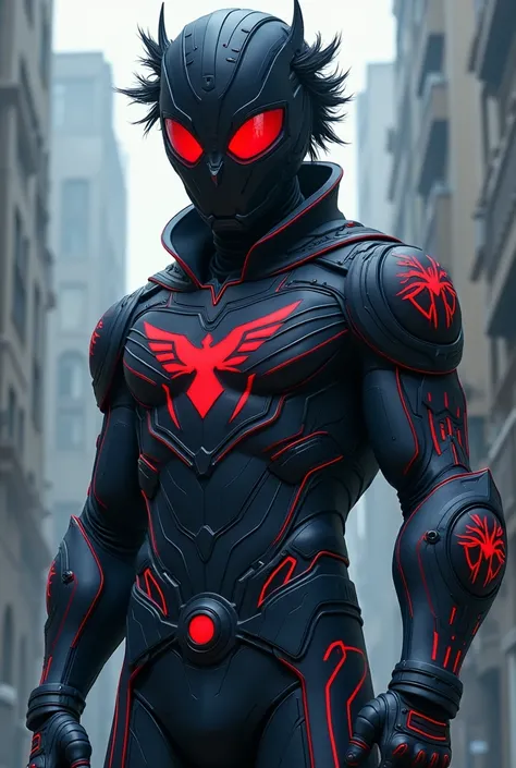 (highly detailed) (Full view) A full-body illustration of a teenage superhero. jhe has visible spiky hair on the helmet. Nightwatcher is a unique blend of modern technology and inspirations drawn from four animals: a spider, an eel, a snow leopard, and an ...