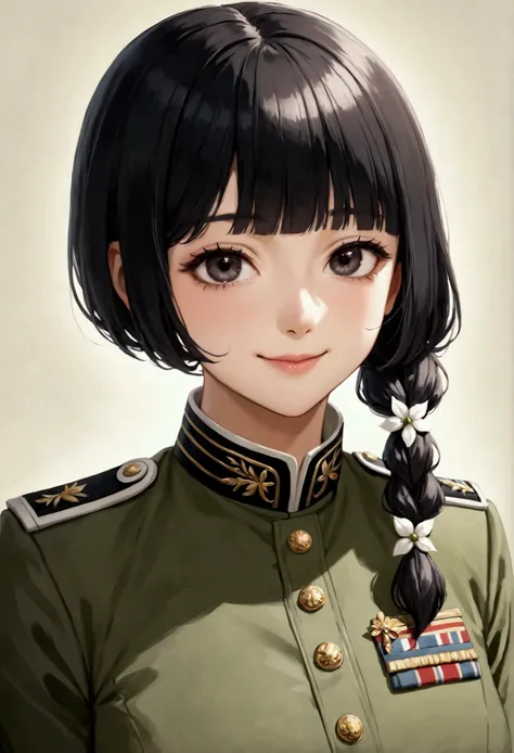 One cool person、Black Hair、Short Hair、Dark Eyes、Green military uniform、smile、