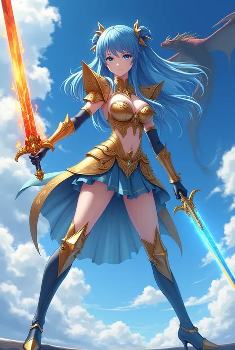 Anime girl with gold armor with blue details in the sky, with pose showing panties, with legs open and hand on pussy, long straight blue hair with bows, a fire dragon in the background far away from the girl, with high heel boots, sword of fire and sword o...