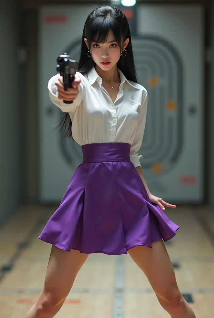 real person realistic beautiful japanese office lady in shirt and violet satin mini skirt fighting standing stance legs open spreading arms straighten full portrait holding gun at shooting range practice pointing at target sexy legs