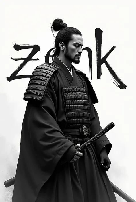 Zenk
Create a image of samurai black and white 
Shown in manga ,resembles peace
Written zenk  English in background 