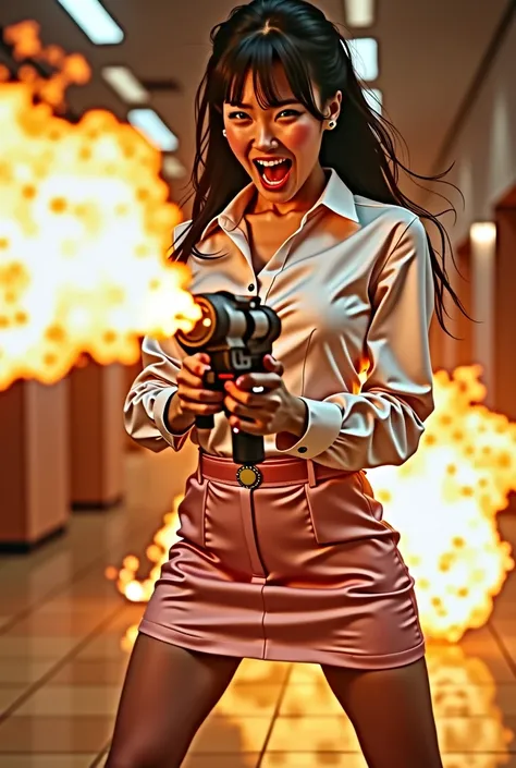 real person realistic beautiful japanese office lady in satin white shirt and pink satin tight mini skirt facial expression war cry shouting standing upright stance legs wide spread open full portrait holding a very long flame thrower high pressure fuel sh...