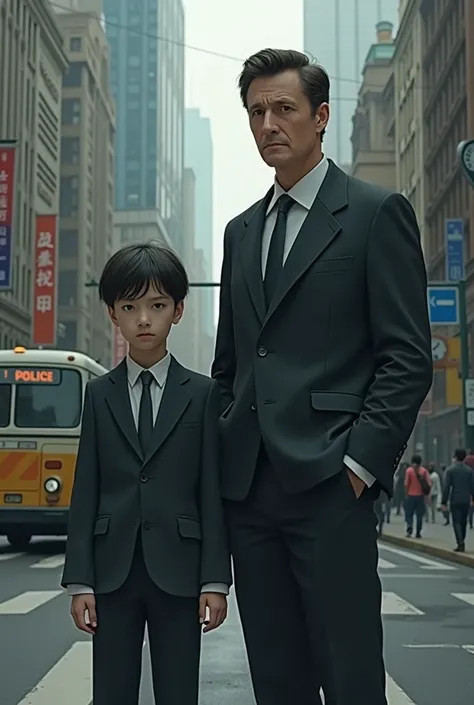 A Single Boy Formal Getup , And His Father , Standup Rood , Background, Bus , Corporate office and traffic Police Station , So Sad Boy