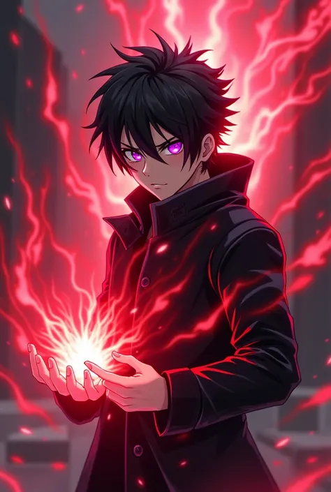 anime, Guy, purple eyes, black jacket, have red power