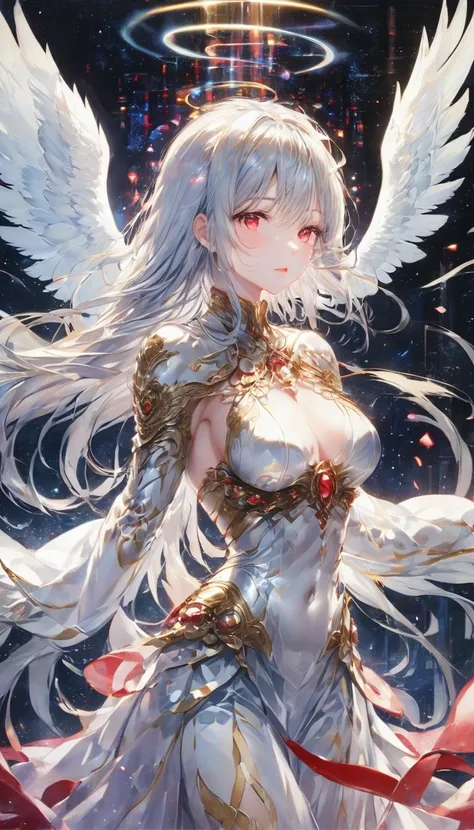 Angel、Big Breasts、White dress、背中にAngelの翼、Flying in the sky、Silver armor decorated with red gemstones、Crimson Eyes、High angle