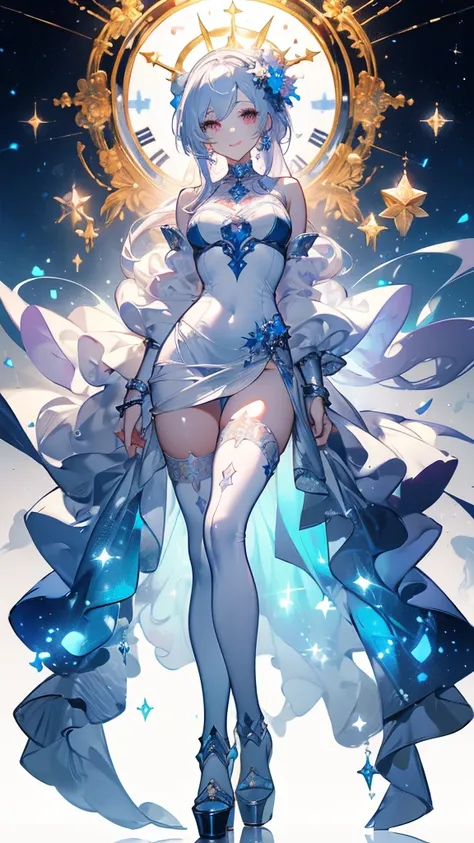 ((masterpiece， best quality))，goddess，Royal sister，Pure white background，Detailed face，Smile，whole body，Perfect body proportions，Glowing milky white eyes，sexly，Tattoo，extremely beautiful，transparent，High heel，Fishnet stockings，Star decoration,