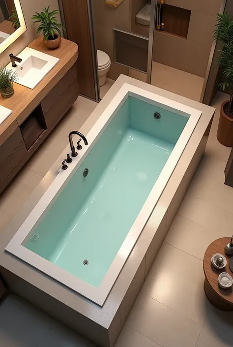 luxury bathroom setup with rectangular bathtub and the bathtub should be stuck towards the wall from 3 ends and only 1 end should be open to come out and come in. strictly stick to 3 ends and only 1 end should be open to entry and exit .want diagonal top v...