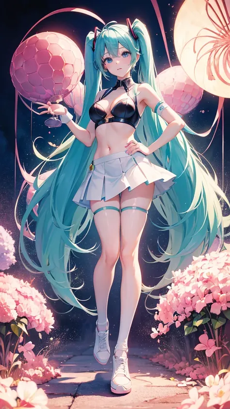 (((anime-style cute face)))、Hatsune Miku:0.5、2、（The nurse costume is light pink.、White naughty fishnet stockings:1.7、Vertical slit、Tight mini skirt、White sneakers）、Very big blue eyes、anatomically correct body、The face is bright、Professional Lighting、Small ...