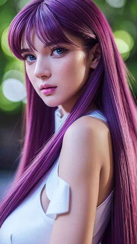 (((1woman)))  a hyper realistic ultra detailed photograph of a pretty japan woman full pose style photorealistic full pose style at agreek ruins background, long purple hair, blue eyes, dynamic pose, holding staff,  detailed symmetric beautiful hazel eyes,...