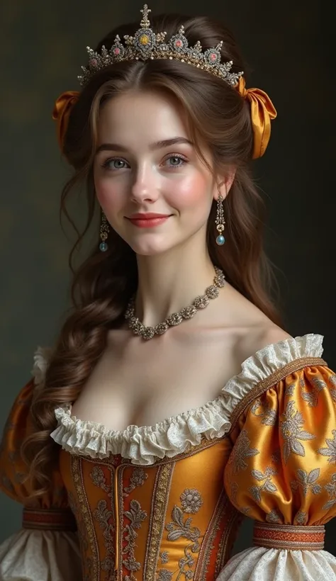 Medieval European royalty and aristocracy, fashion trend for women with medium necklines, lavishly decorated with lace and ribbons, Rococo dress. Half-length portrait of a beautiful smiling aristocratic woman. Masterpiece, UHD, 8K resolution, high detailed...