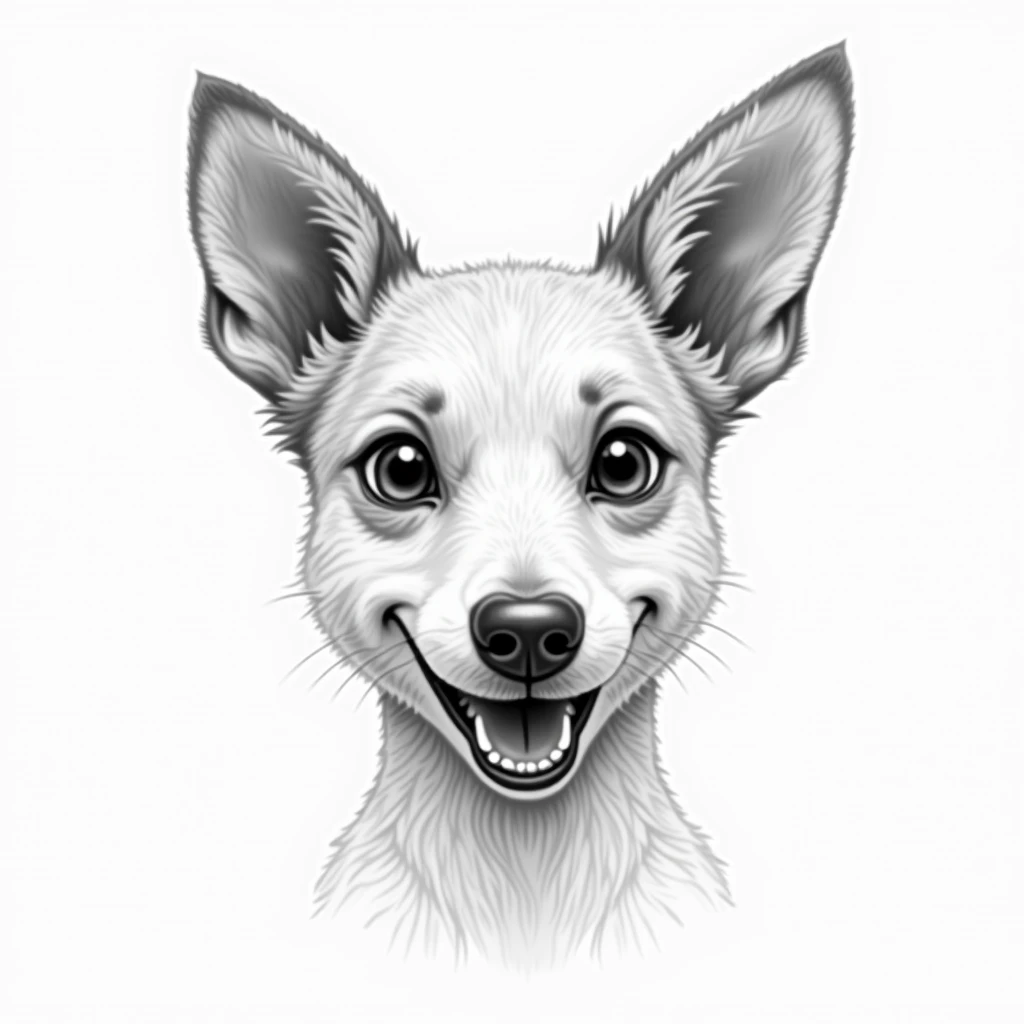 black and white pencil line drawing of a dog face