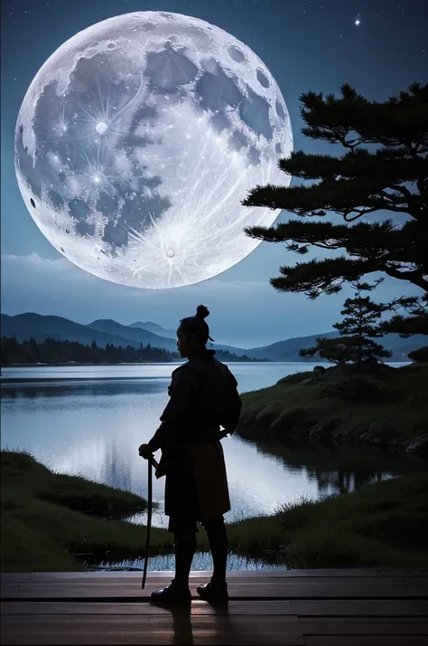 {
  "prompt": "A night scene featuring a traditional Japanese samurai standing under the light of a bright full moon. The samurai is dressed in full armor, complete with a katana sheathed at his side. He stands with a calm and resolute posture on a hill ov...