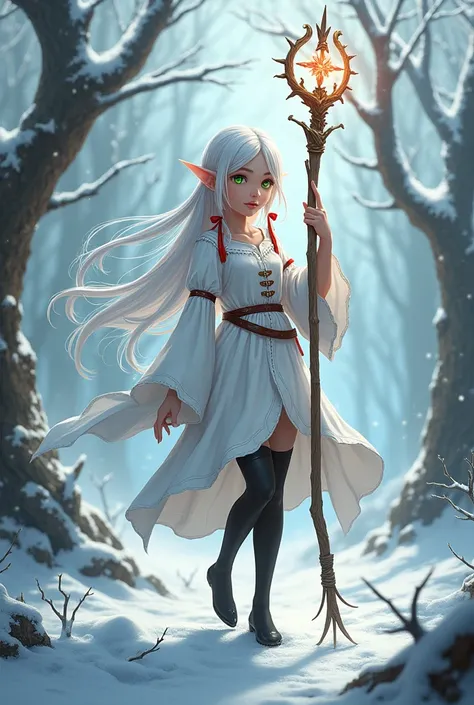 Frieren, Souso no Frieren, elf, white two twig twil, small girl, mage staff, green eyes,white dress, black stockings, brown shoes, red ribbons