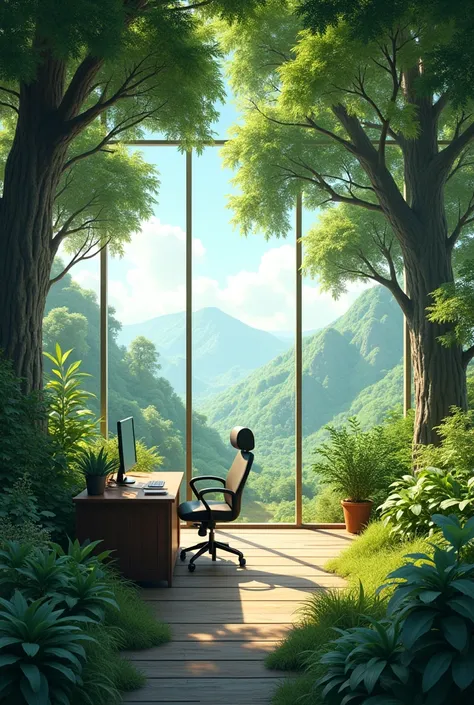 office backgorund, a lot of tree, 4k, high resolution picture, langscape
