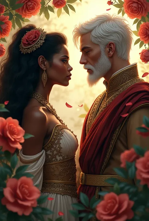 A slave girl and a white prince staring at each other in the flowers