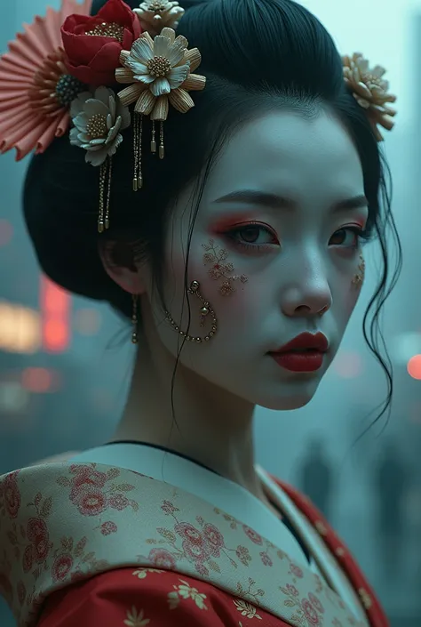 ((Highest quality)), ((masterpiece)), Close Up shot of a Geisha, cyborg parts, creepy, dark movie atmosphere, fog, natural light, cyberpunk background