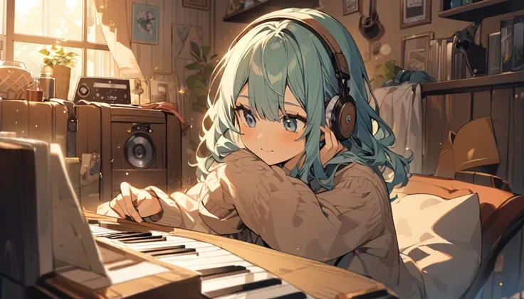 A girl in her twenties,  a cozy room, a relaxed atmosphere with music playing,upper part of the body