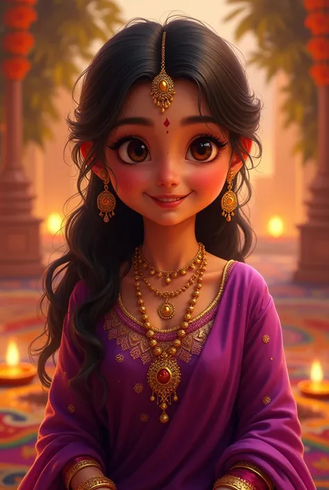 

"Create an image of a beautiful Indian teenage girl with warm, glowing skin, celebrating Diwali. She is wearing an elegant purple traditional dress, adorned with intricate golden embroidery. She is accessorized with ornate golden jewelry, including bangl...