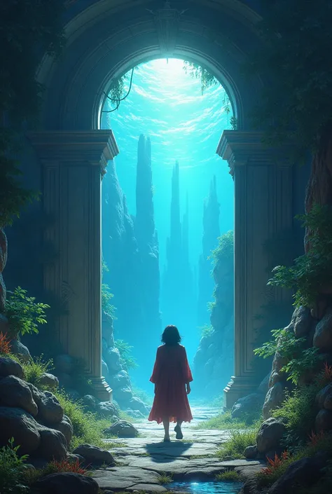 The door opens to reveal a breathtaking, fantastical realm. This could be an enchanted forest, a vibrant underwater world, or a futuristic city. The protagonist steps through with awe. 