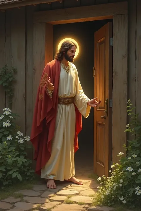 Jesus has a halo. Jesus is knocking at a door. Door of a house.