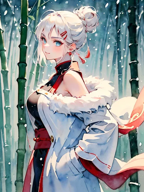 (((samurai hairstyle:1.2,)))(((((((Chinese ink painting，watercolor paiting,bamboo forest background,rich background,Light interlaces light and dark，snowing,Snowflakes in the sky，))))))((((female face,confident smile,adorable ,cute,kawaii)))),(((dragon pupi...