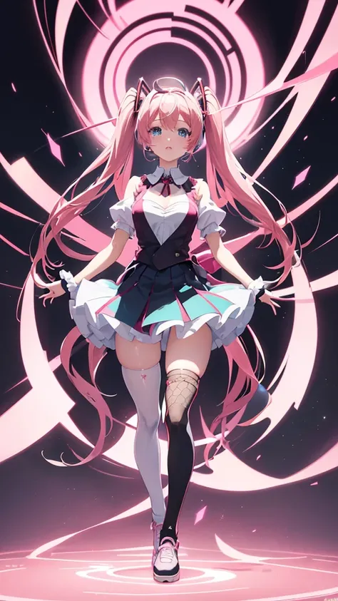 (((anime-style cute face)))、Hatsune Miku:0.3、2、（Pink and black nurse outfit）、（White fishnet stockings）、Vertical slit、（Pink and black tight long skirt with slits）、（White sneakers）、Very big blue eyes、anatomically correct body、The face is bright、Professional ...