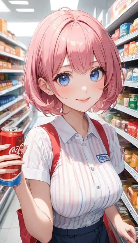 hot pink hair, very short hair、Blue eyes, upper body,  convenience store employee uniform, (vertical-striped shirt:1.3), short sleeves, happy smile、Handing out canned coffee to viewers、Pay at the cash register、 a girl、24-years-old、Best Bust、Large Breasts、B...