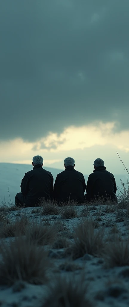 a 20 old men sitting on a hill watching the horizon, dark cloud, winter season, snowfalling, backside view, sad expression, emotional, intricate detailed face, high quality, photorealistic, dramatic lighting, warm tones, cinematic, beautiful landscape, det...