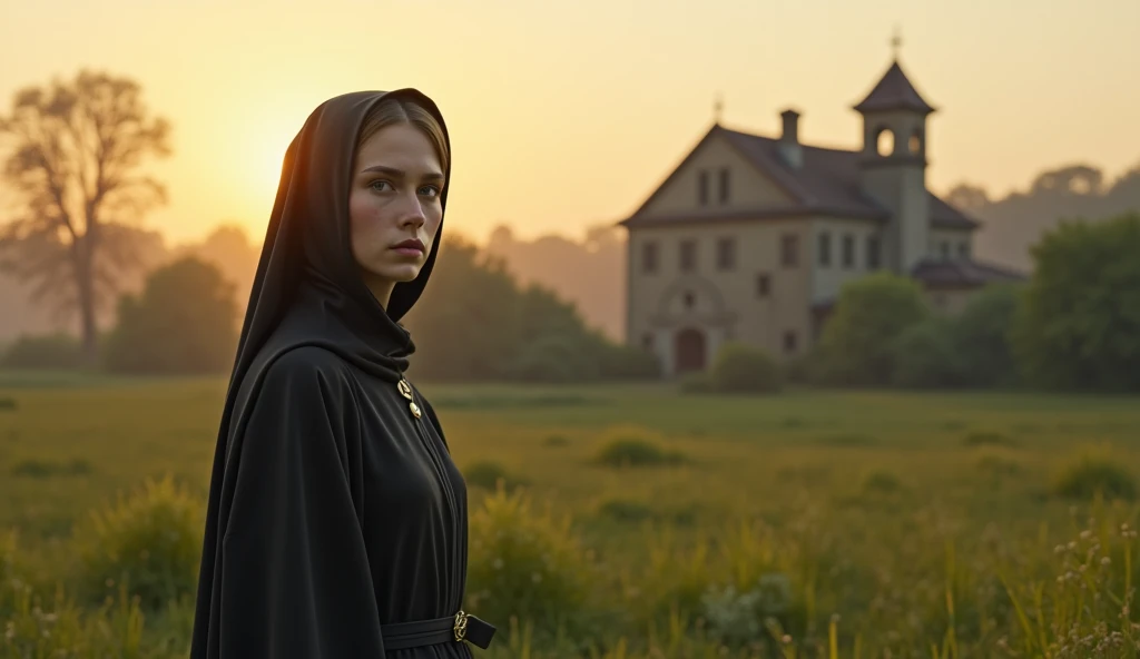 Real Photo、A simple young nun from medieval Europe、Smile、Standing in the grassland、A humble monastery in the distance、sunset、